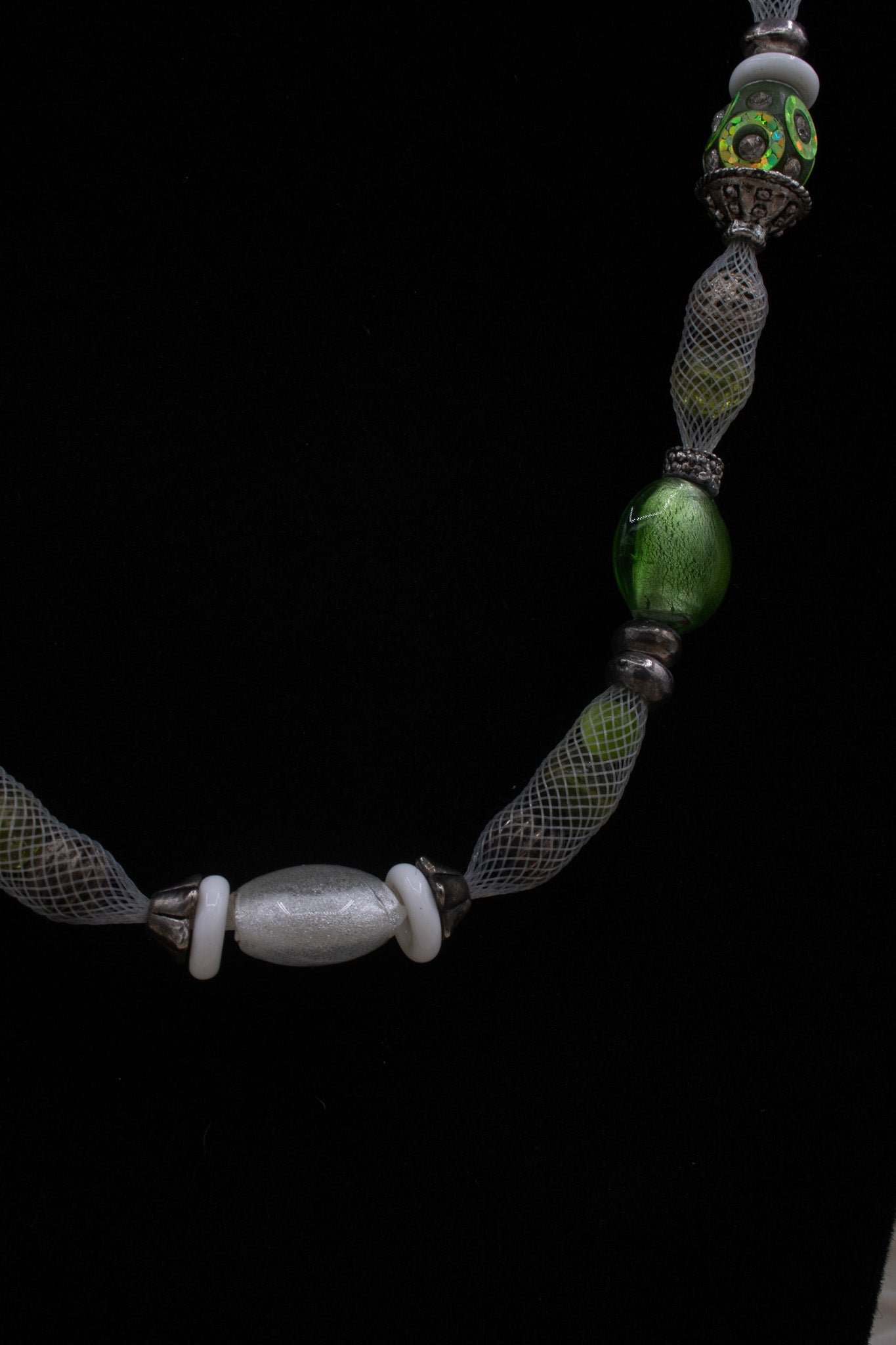 Multicolored Mesh Covered Green Gemstone Necklace