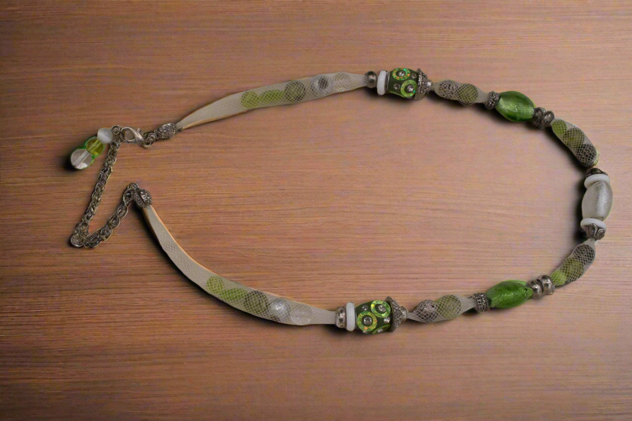 Multicolored Mesh Covered Green Gemstone Necklace