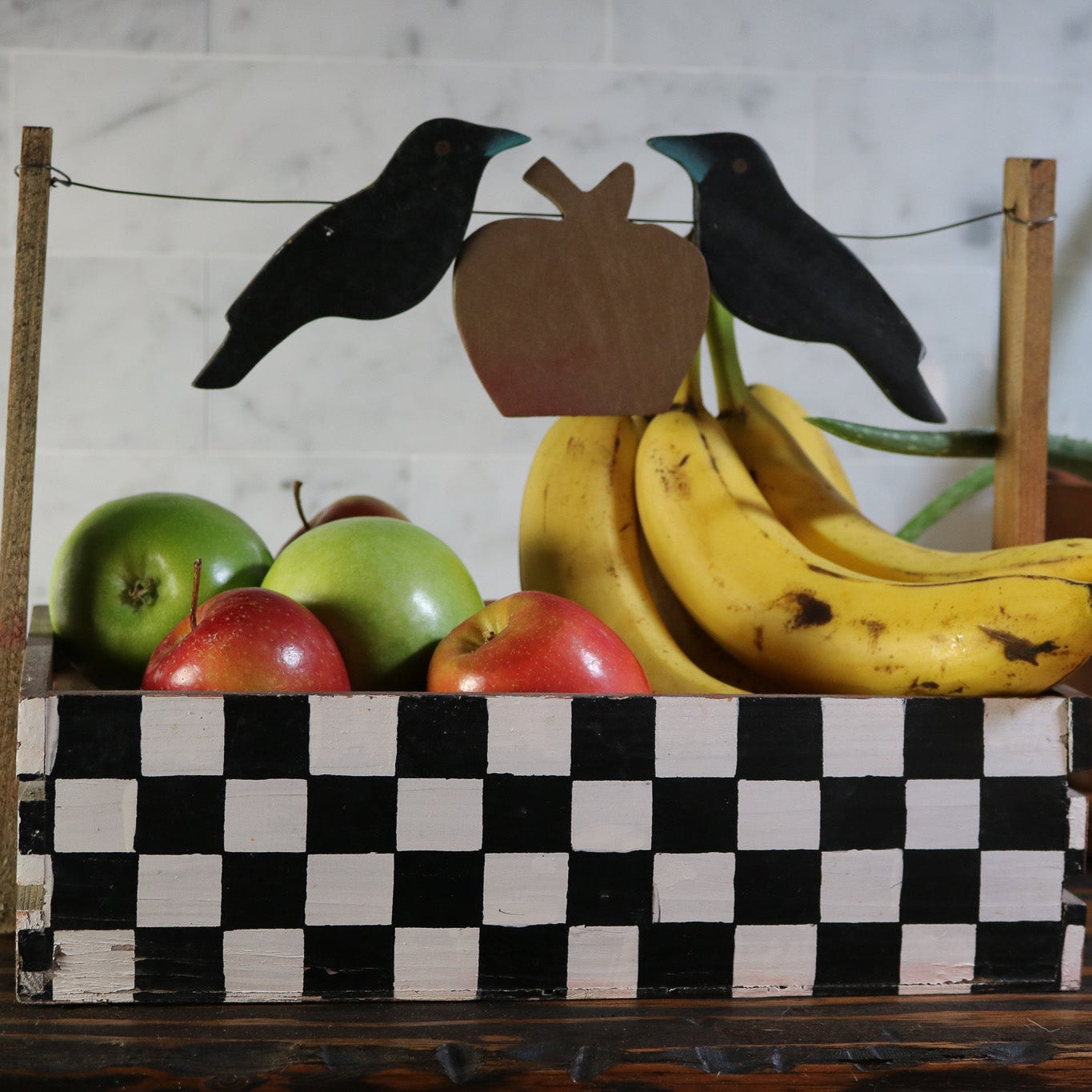 Hand-Painted Checkerboard Box with Crows and Apple Design