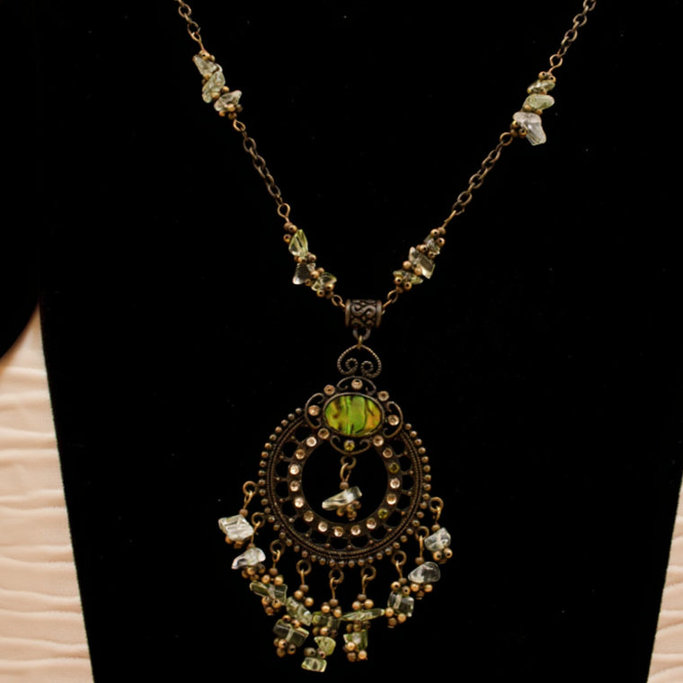 Beautiful Charm on Paperclip Chain Adorned with Green Gemstones Necklace