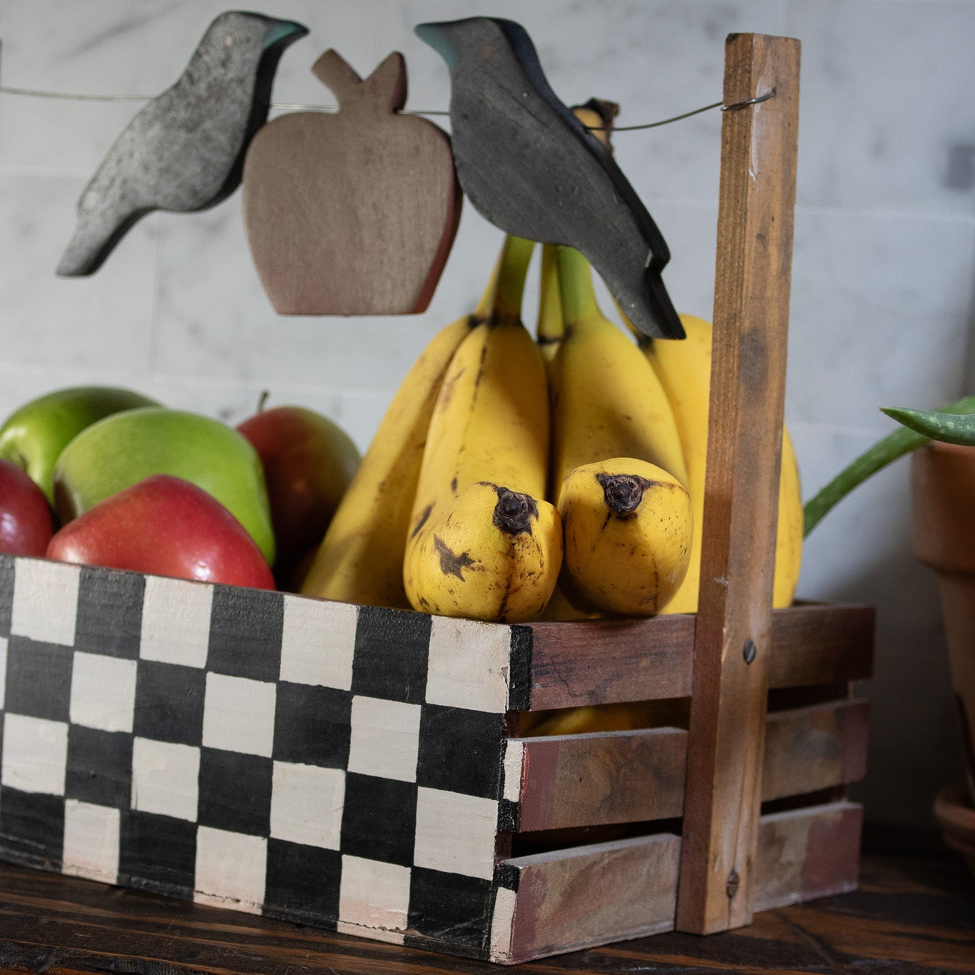 Hand-Painted Checkerboard Box with Crows and Apple Design