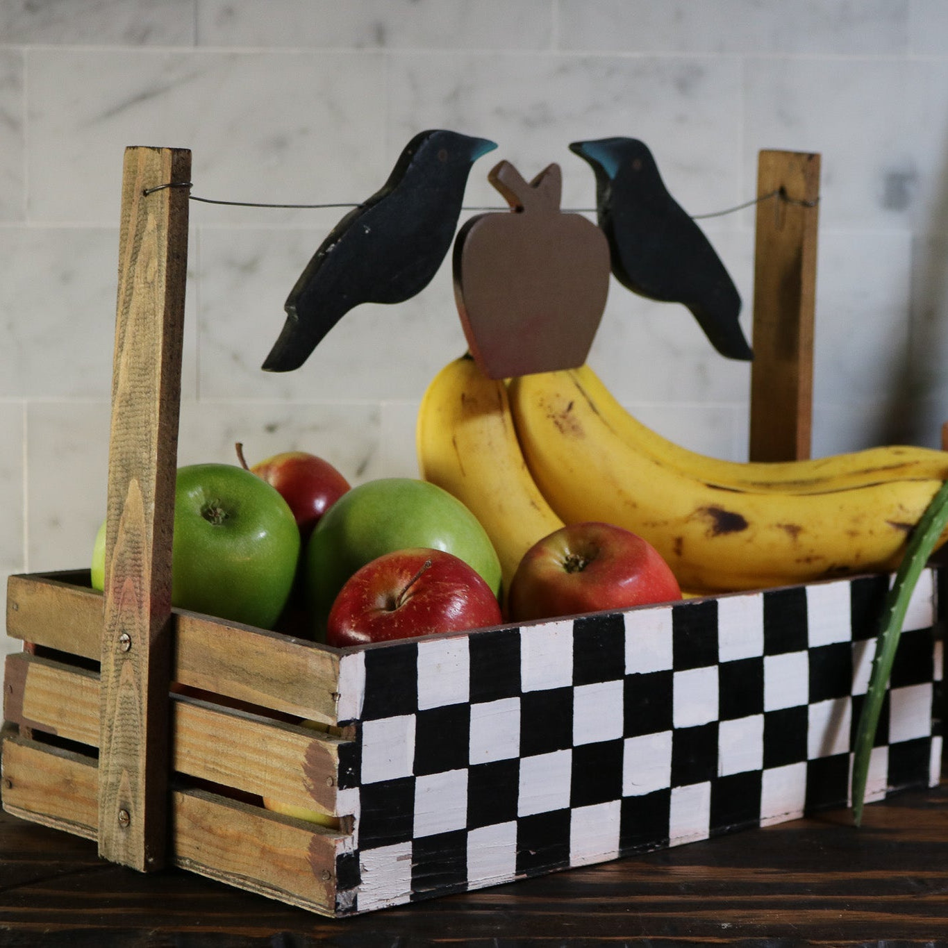 Hand-Painted Checkerboard Box with Crows and Apple Design