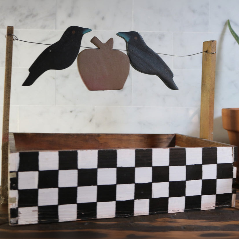 Hand-Painted Checkerboard Box with Crows and Apple Design