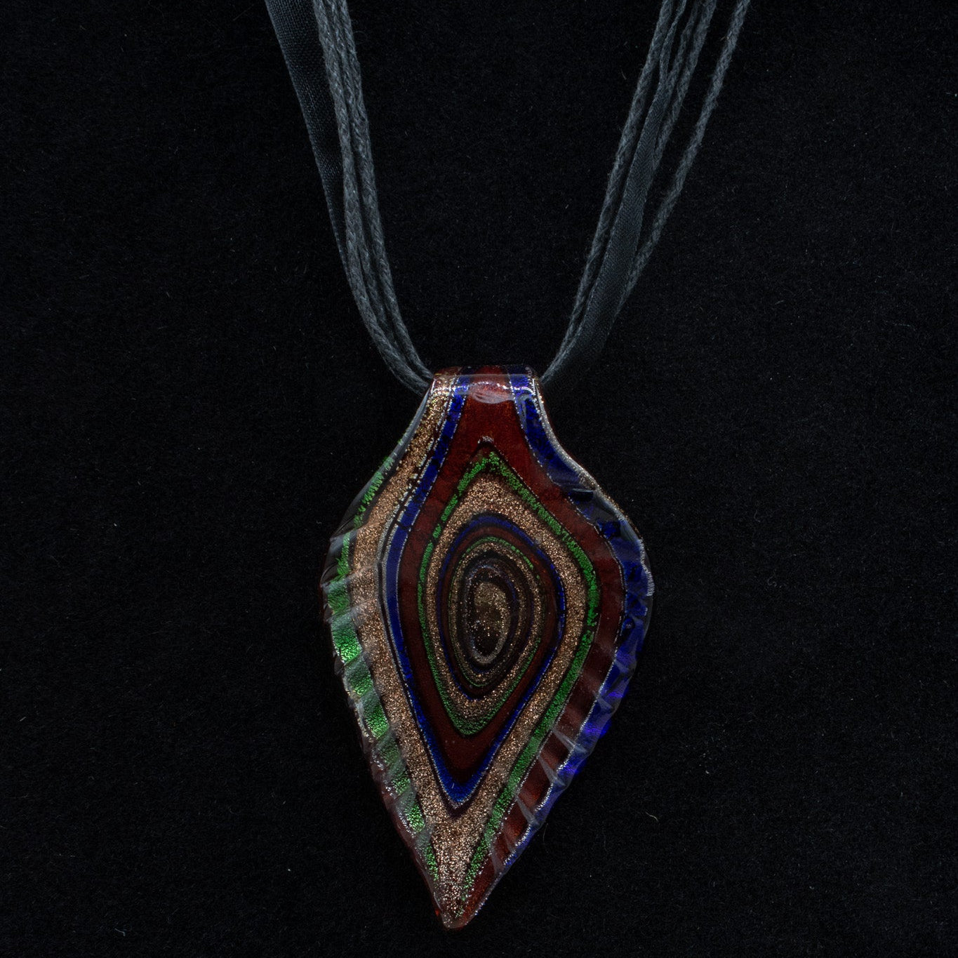 Glass Leaf Dark Colored Pendent on a Ribbon and Jute Cord Necklace