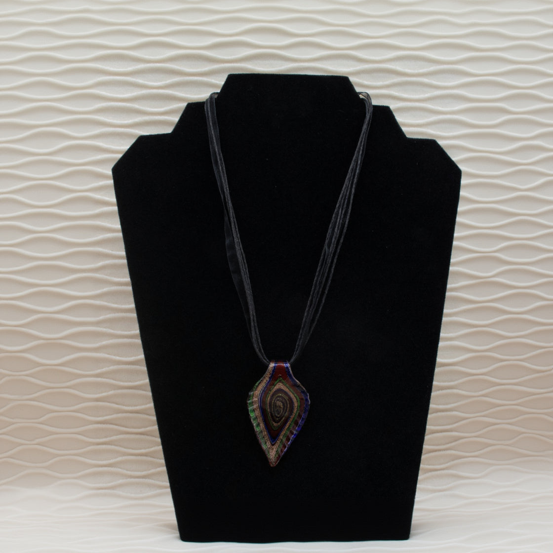 Glass Leaf Dark Colored Pendent on a Ribbon and Jute Cord Necklace