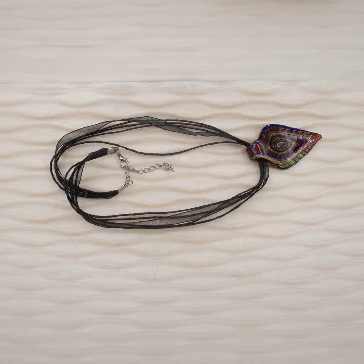 Glass Leaf Dark Colored Pendent on a Ribbon and Jute Cord Necklace
