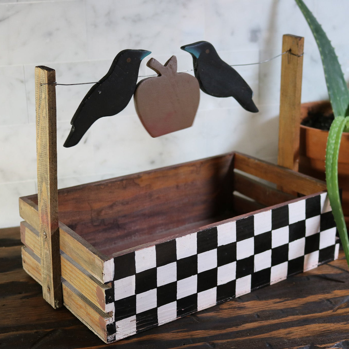 Hand-Painted Checkerboard Box with Crows and Apple Design