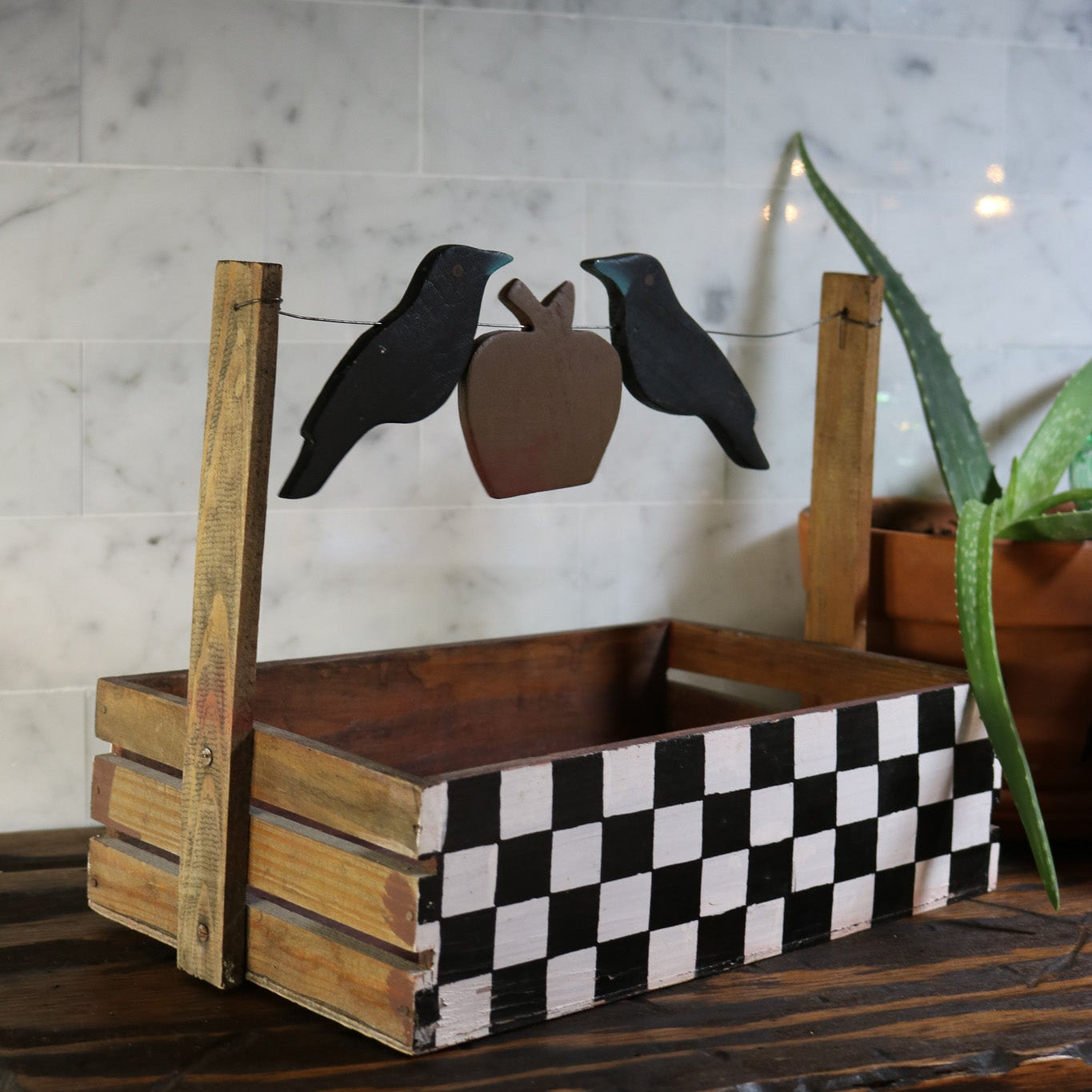 Hand-Painted Checkerboard Box with Crows and Apple Design