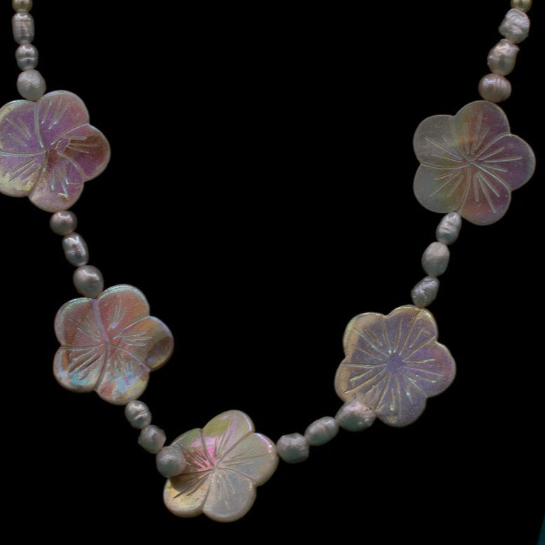 White Abalone Shell and Flower Bead and Pearl Hand carved Necklace
