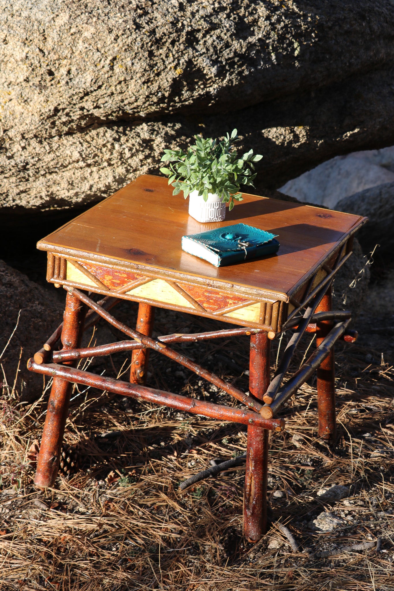 Geometric Design Adirondack Square Side Table with Raw Wood Legs