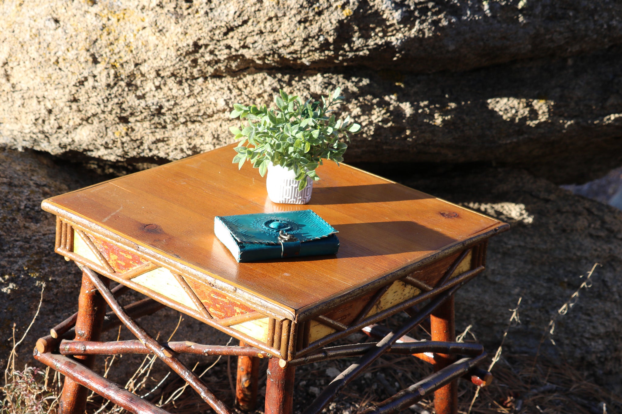 Geometric Design Adirondack Square Side Table with Raw Wood Legs