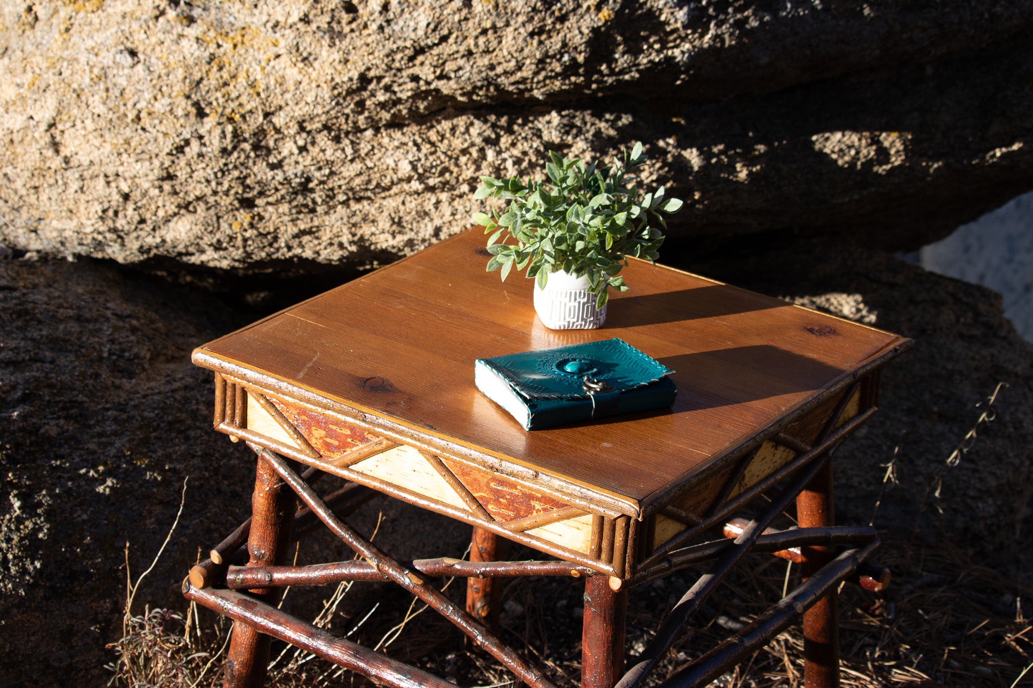Geometric Design Adirondack Square Side Table with Raw Wood Legs
