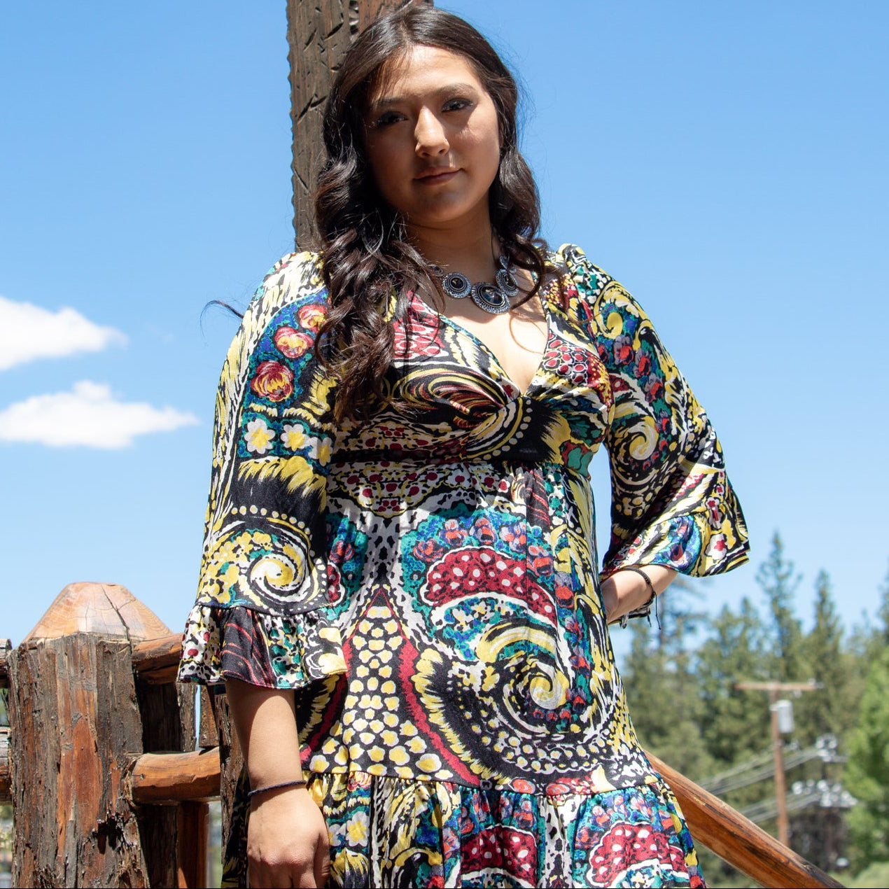 Betsey Johnson Multi - Colored Dress with Flowy Sleeves,  and a V-Neck Line. EDIT-G