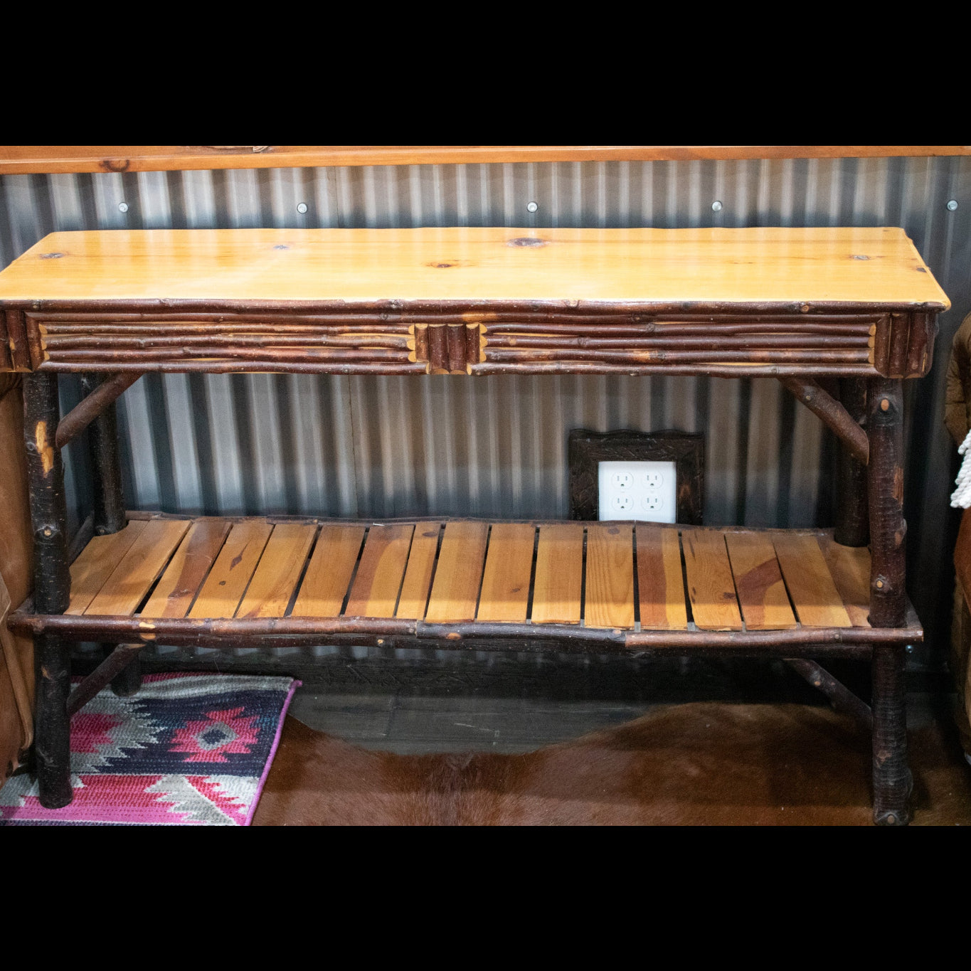 Adirondack Long Side-Table with Raw Wood Geometric Side Design