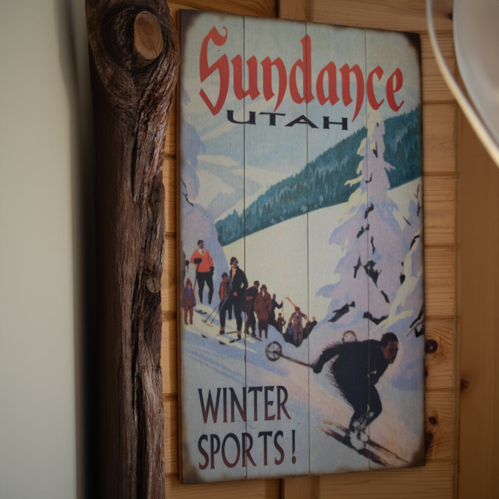 Vintage Style Sundance Utah Winter Sports Wooden Wall Sign 30x18 Ski Lodge Decor