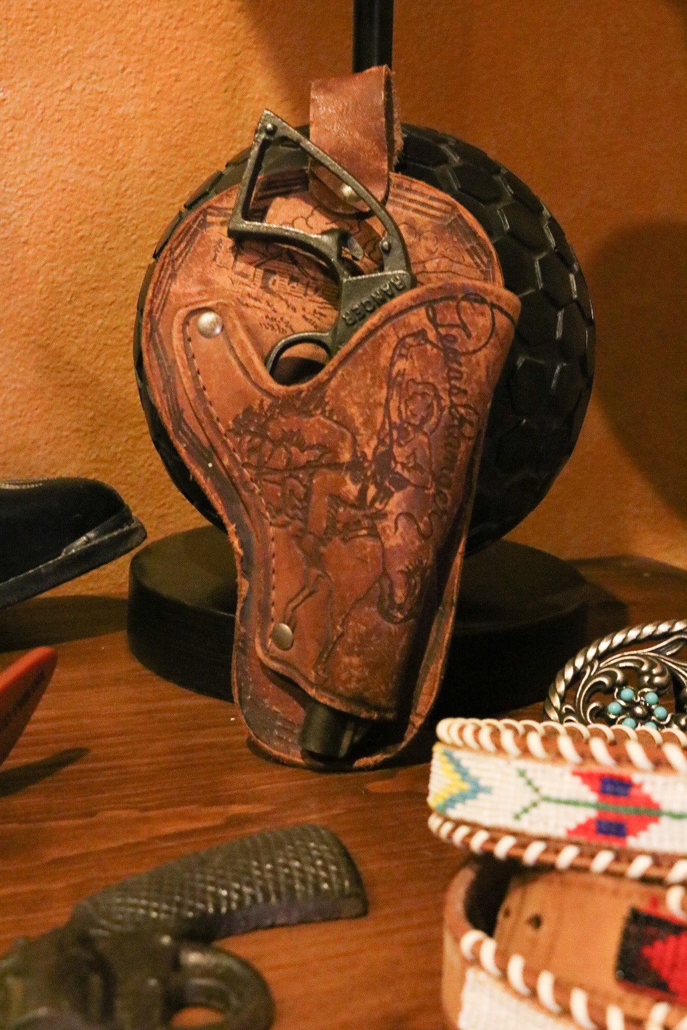 Antique Leather Youth's Gun Holster with Stamped Details