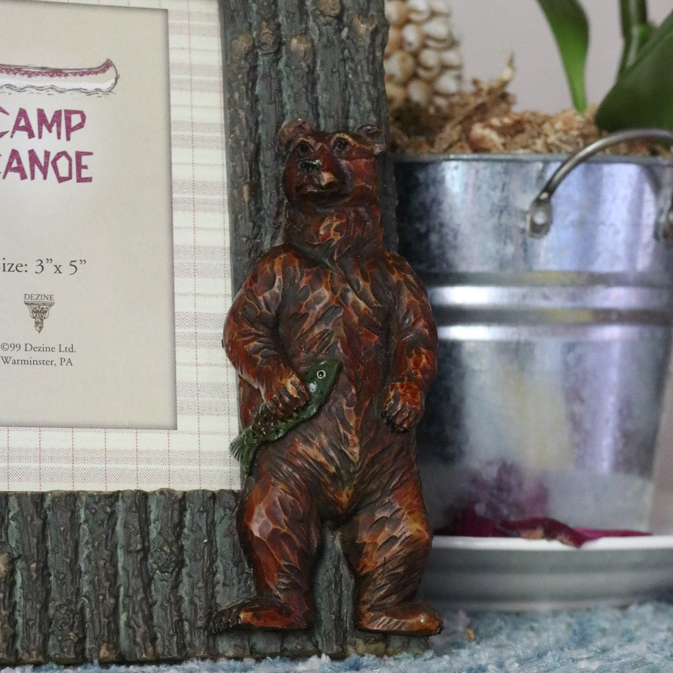 Camp Canoe Brand Resin Bear with Fish and Tree 3"x5" Picture Frame