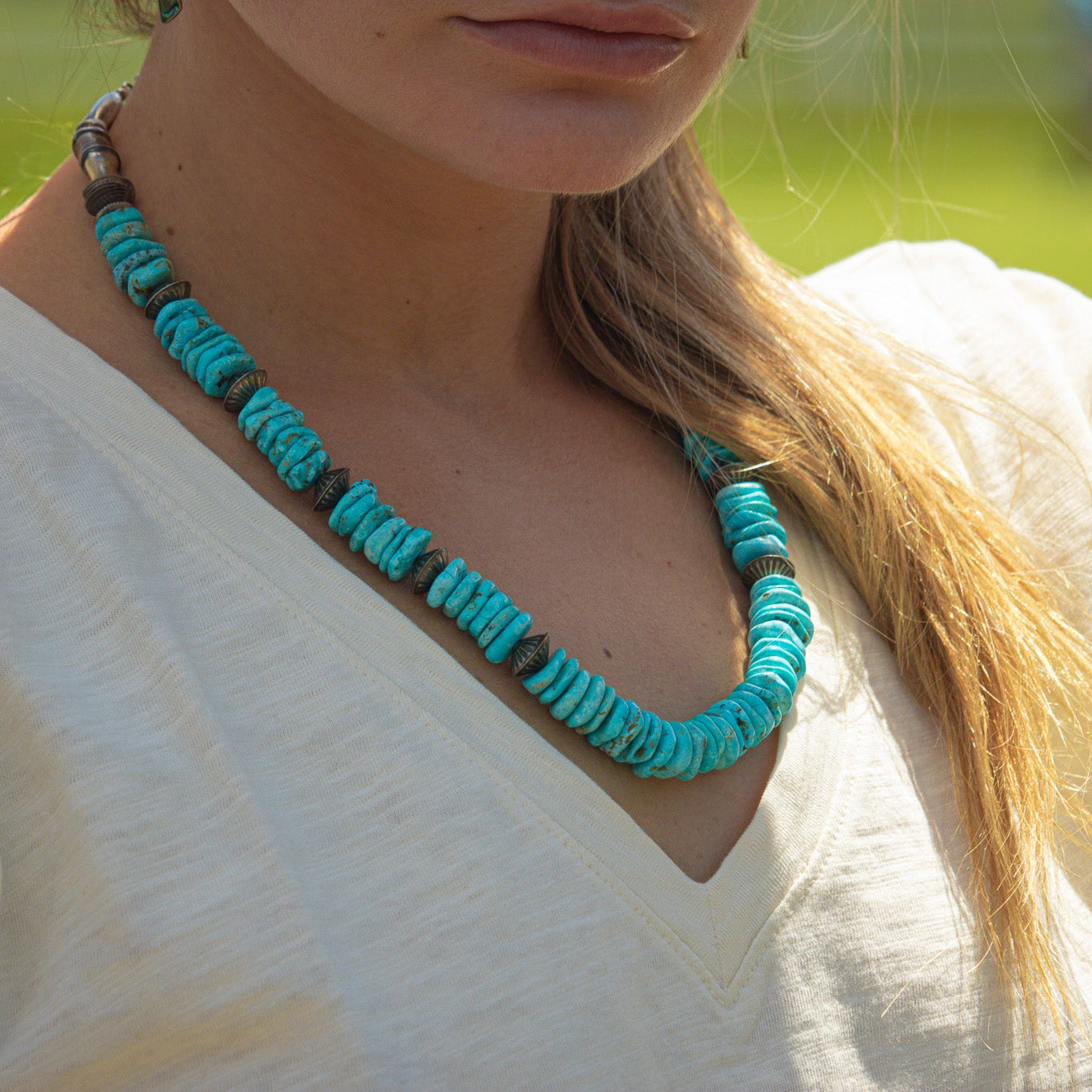 Vintage Turquoise Pearl Fluted Sterling Silver Necklace