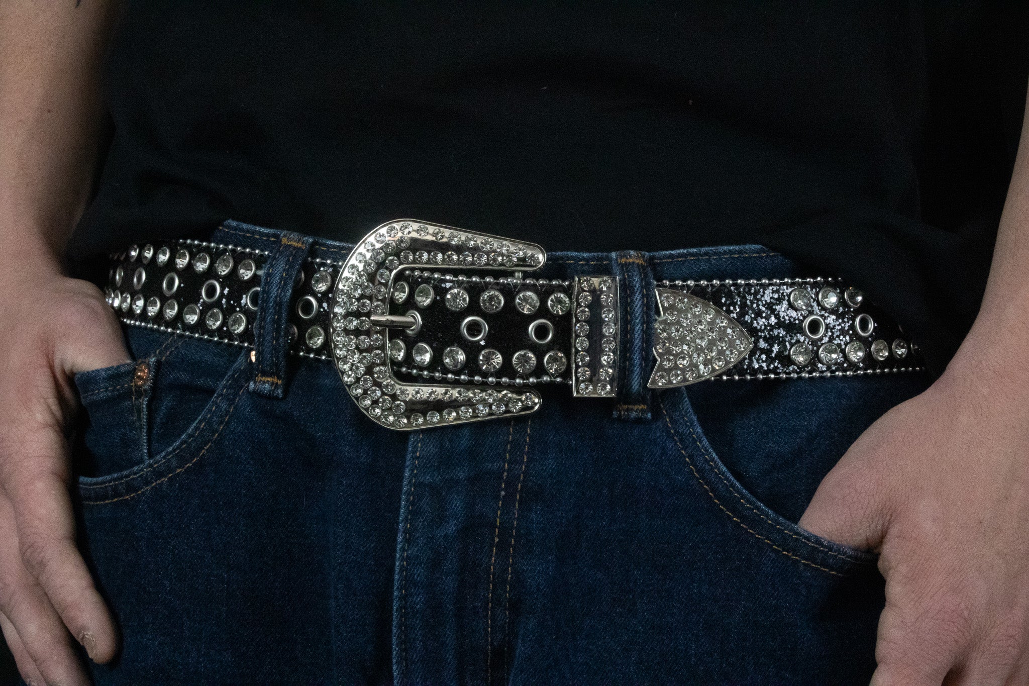 Black leather and Rhinestone Belt