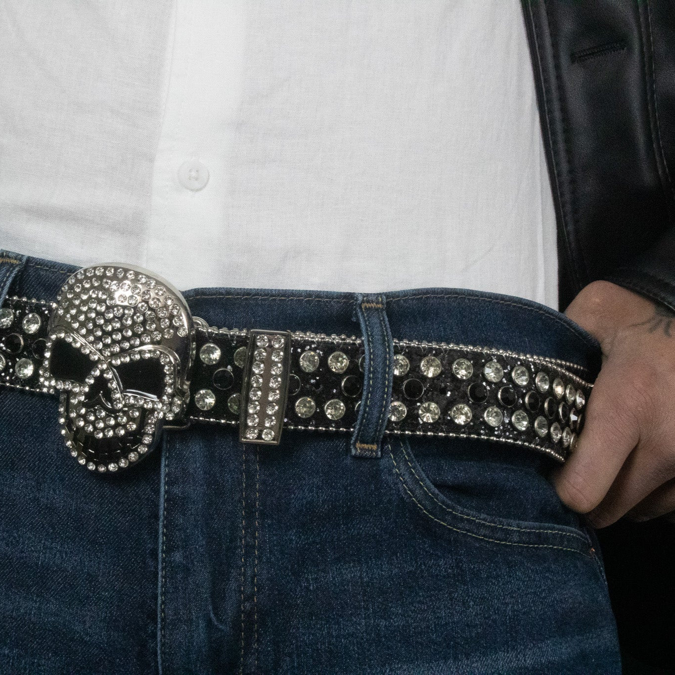 Black Skull Sequin Inlaid Rhinestone Belt
