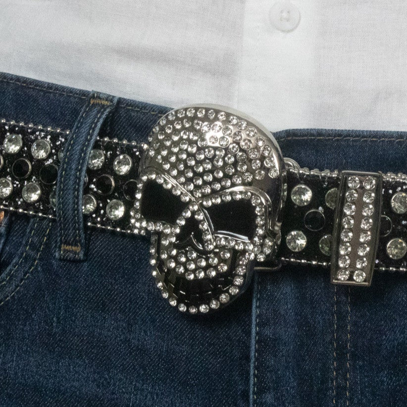 Black Skull Sequin Inlaid Rhinestone Belt