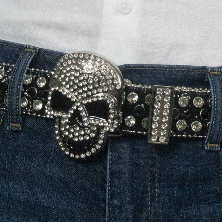 Black Skull Sequin Inlaid Rhinestone Belt