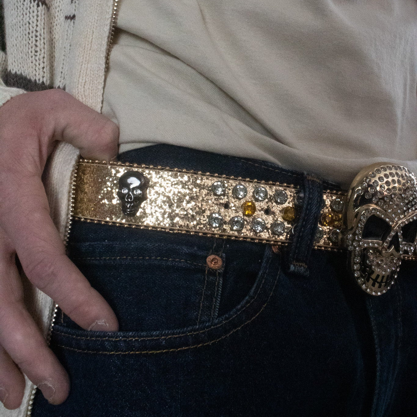 Golden Skull Sequin Inlaid Rhinestone Belt
