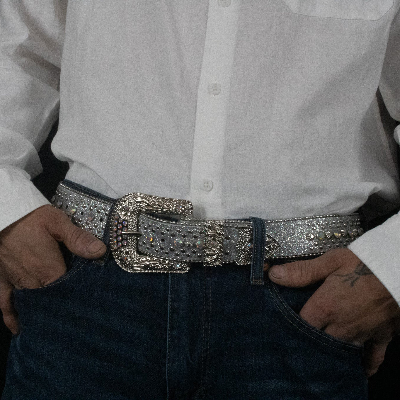 Rhinestone Belt Western Cowgirl Silver Leather