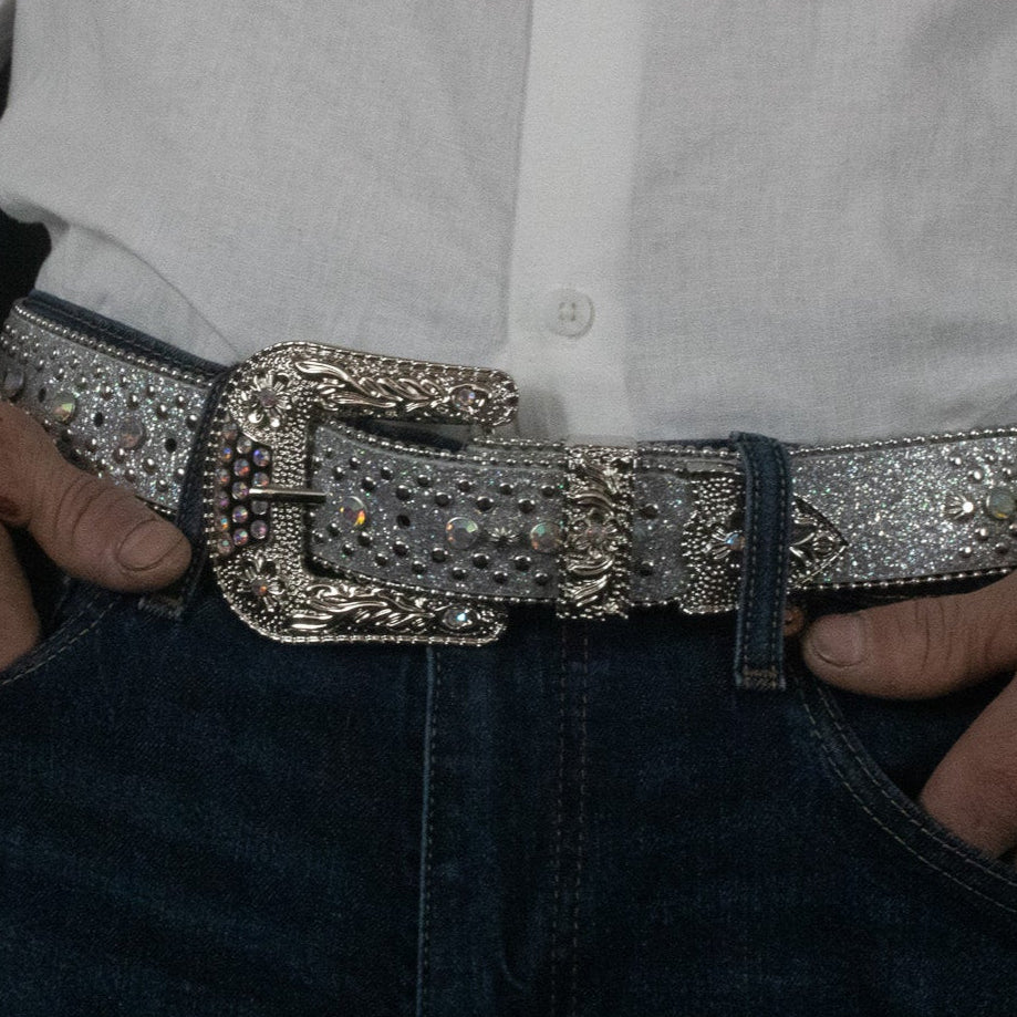 Rhinestone Belt Western Cowgirl Silver Leather