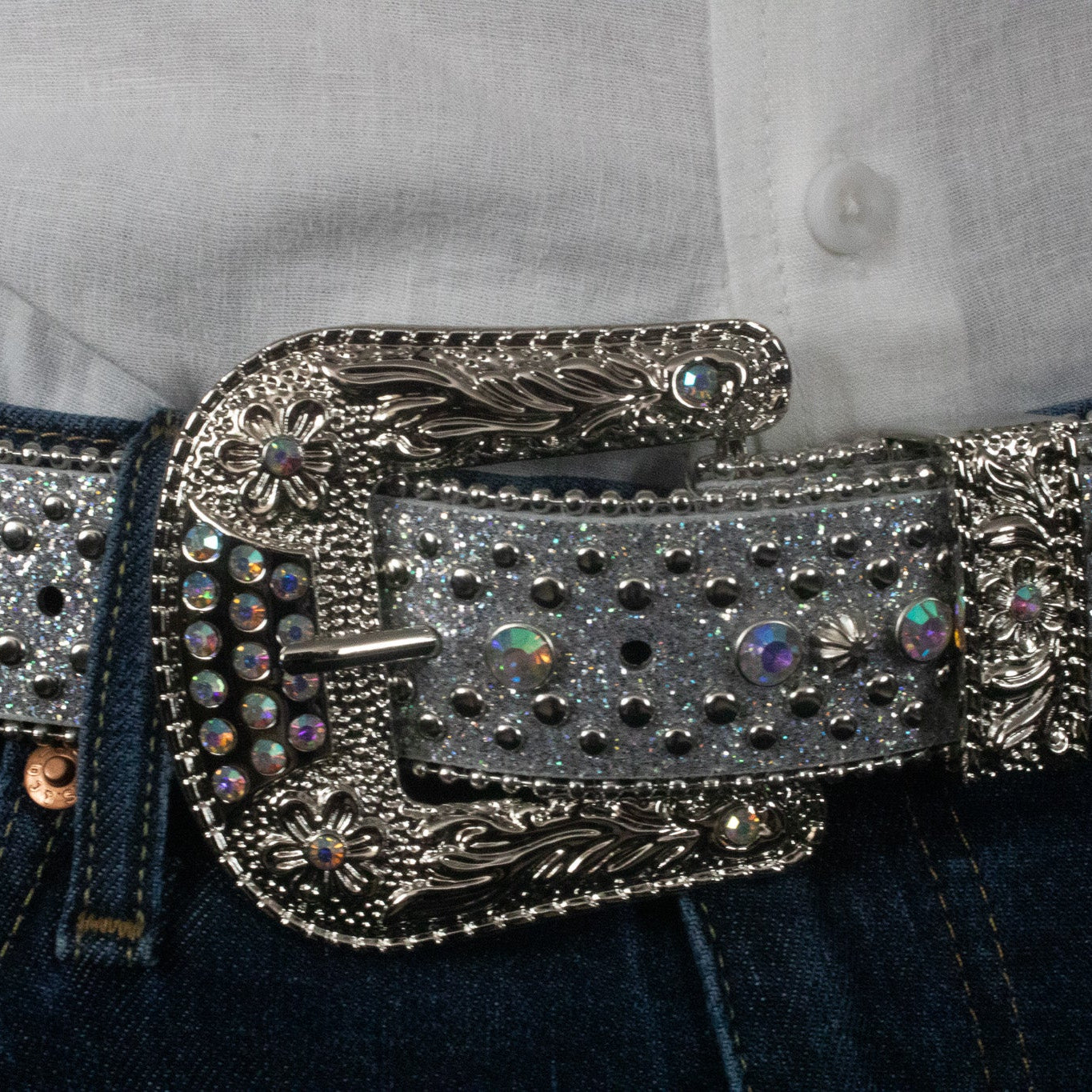 Rhinestone Belt Western Cowgirl Silver Leather