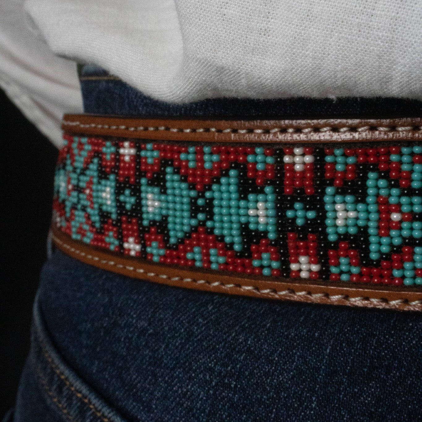 Brown Leather Belt with Inlaid Bead Work
