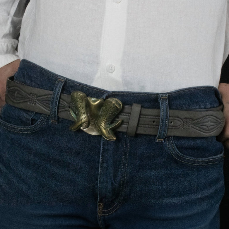 Western Style Leather Belt With Metal Boot Buckle