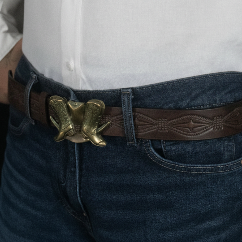 Western Style Leather Belt With Metal Boot Buckle