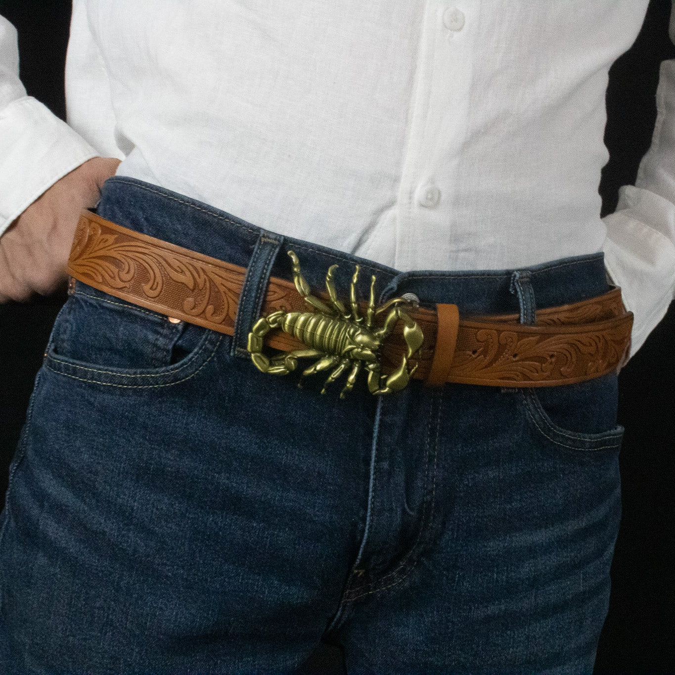 Light Brown Leather Belt with Gold Toned Scorpion Buckle Belt
