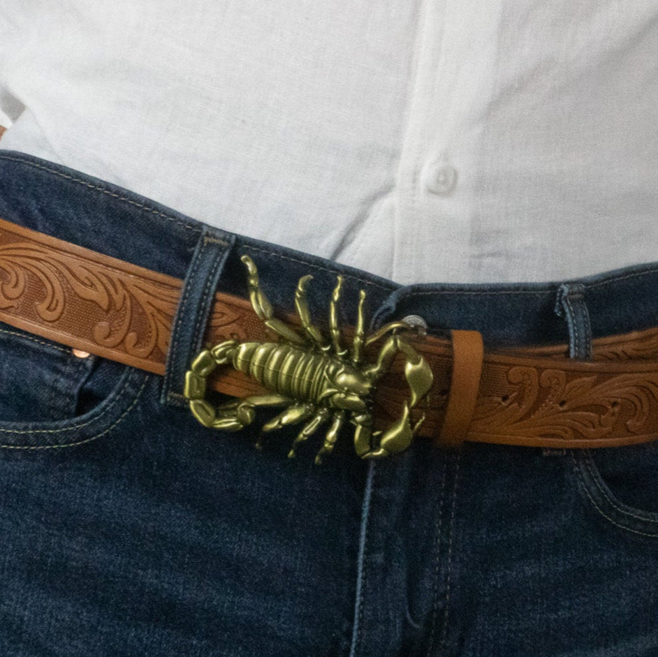Light Brown Leather Belt with Gold Toned Scorpion Buckle Belt