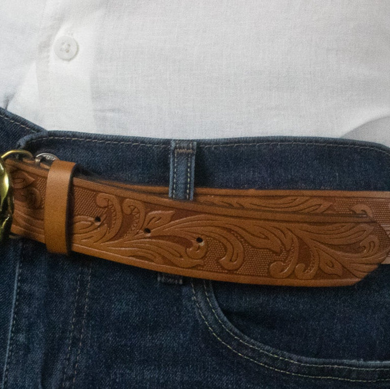 Light Brown Leather Belt with Gold Toned Scorpion Buckle Belt