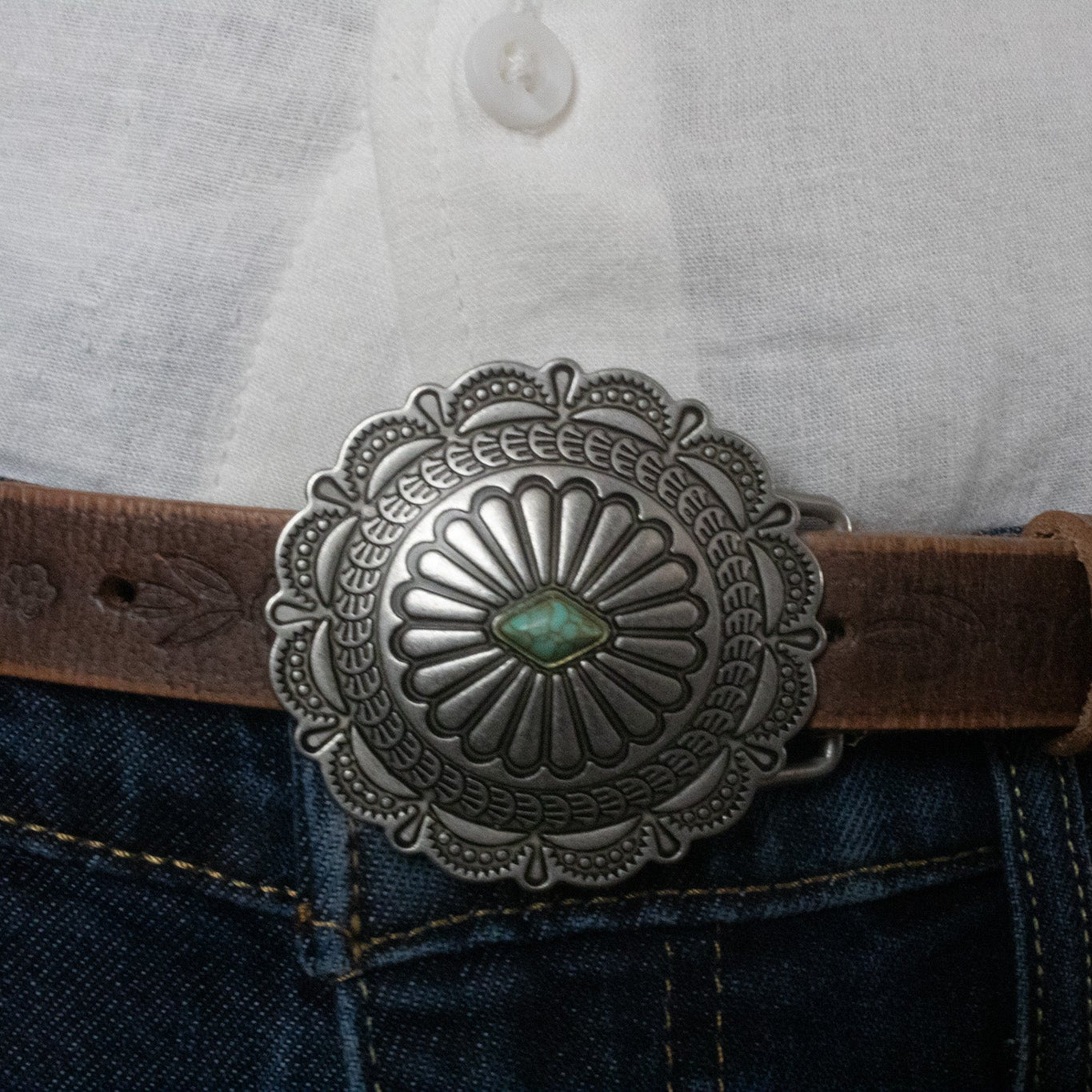 Western Distressed Leather belt oval concho with turquoise accent