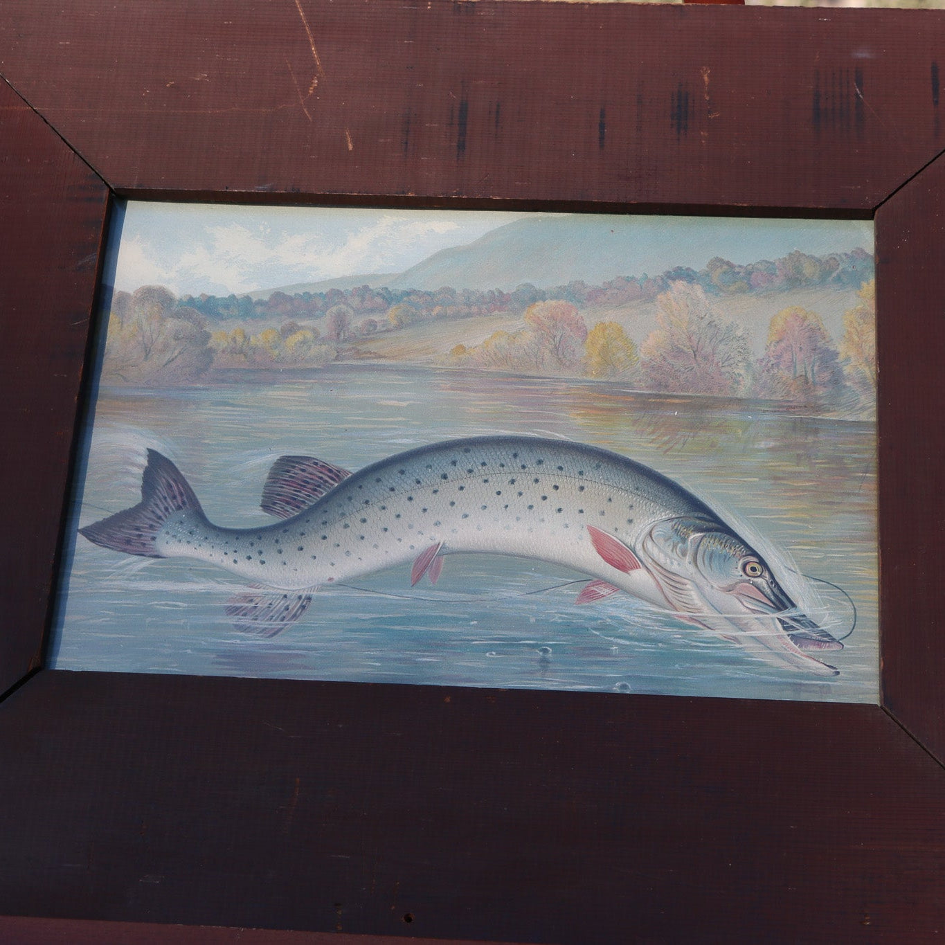 Samuel A Kilbourne "Northern Pike Hooked" Antique Framed Chromolithograph