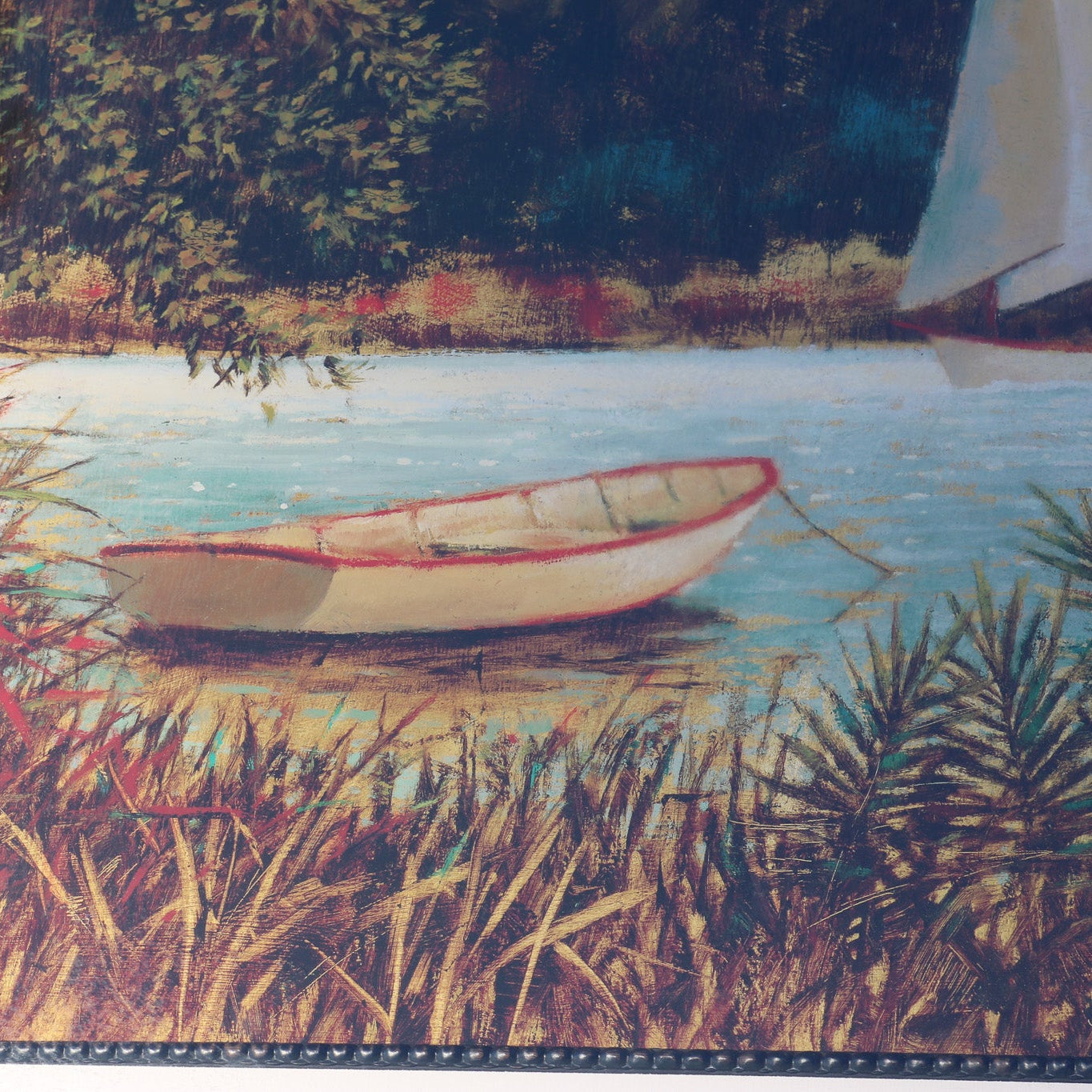 Printed Copy of a Sailboat with Canoe Floating on River By Artist James Weins