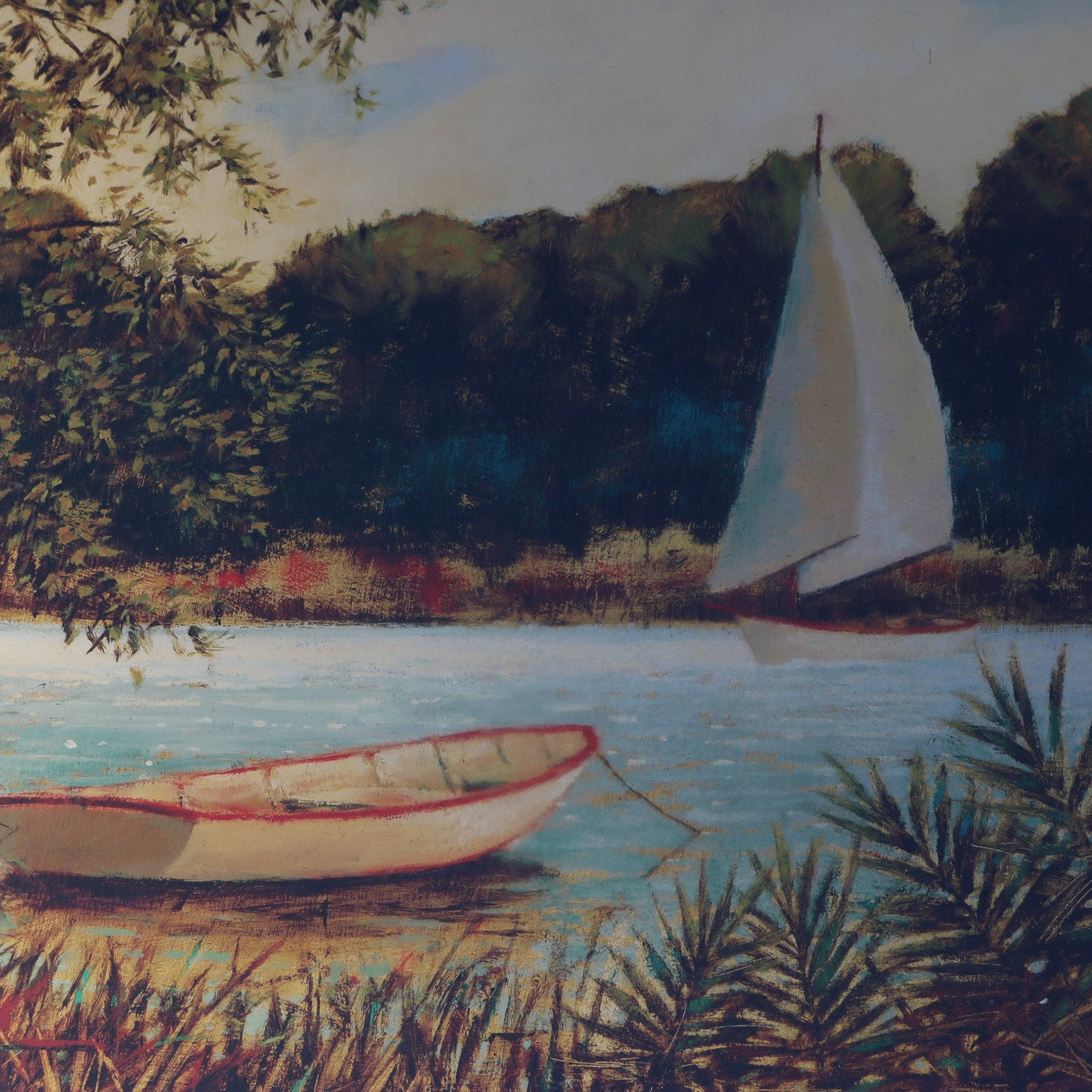 Printed Copy of a Sailboat with Canoe Floating on River By Artist James Weins
