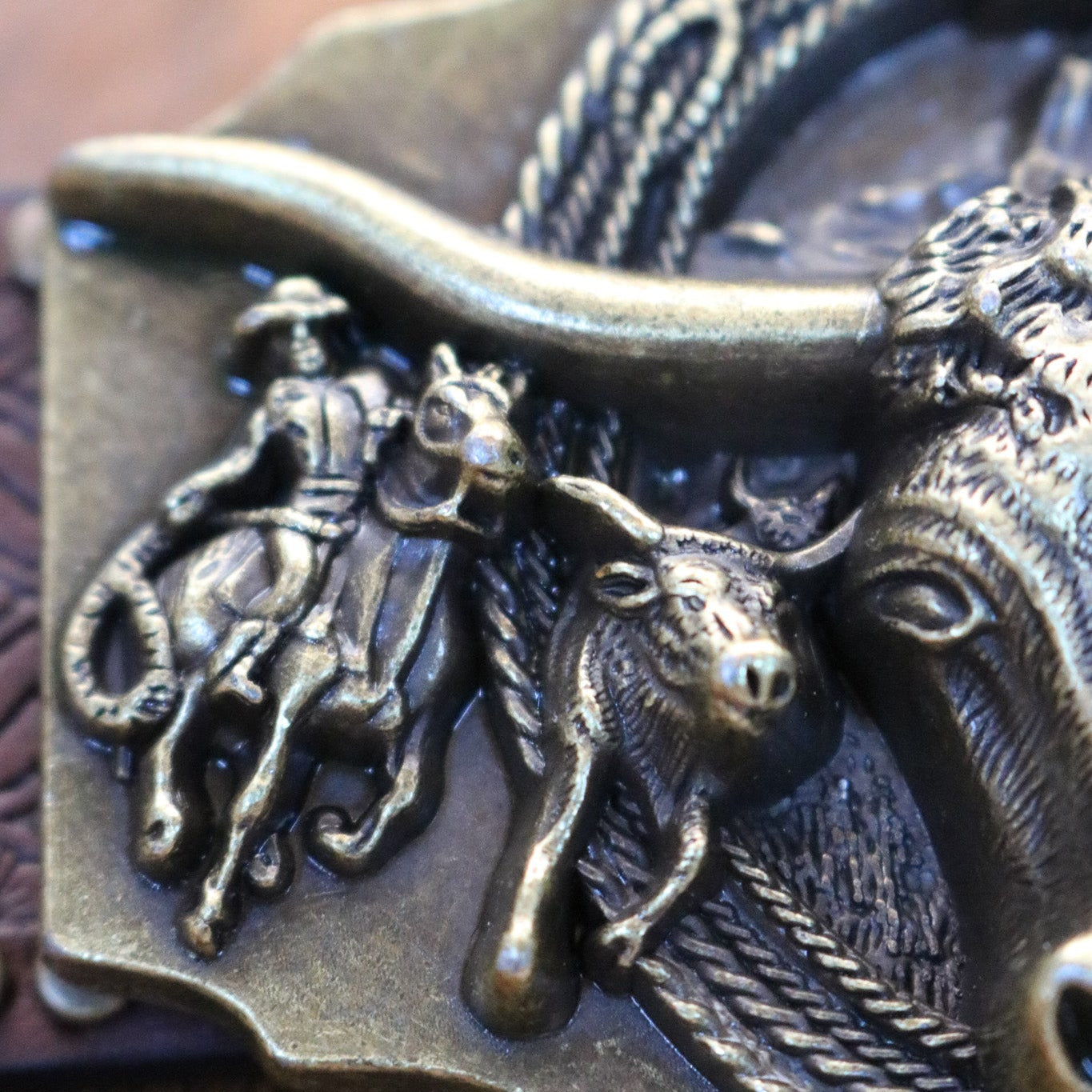 Premium Bull Horn Buckle with 47" Coffee Brown Leather Belt