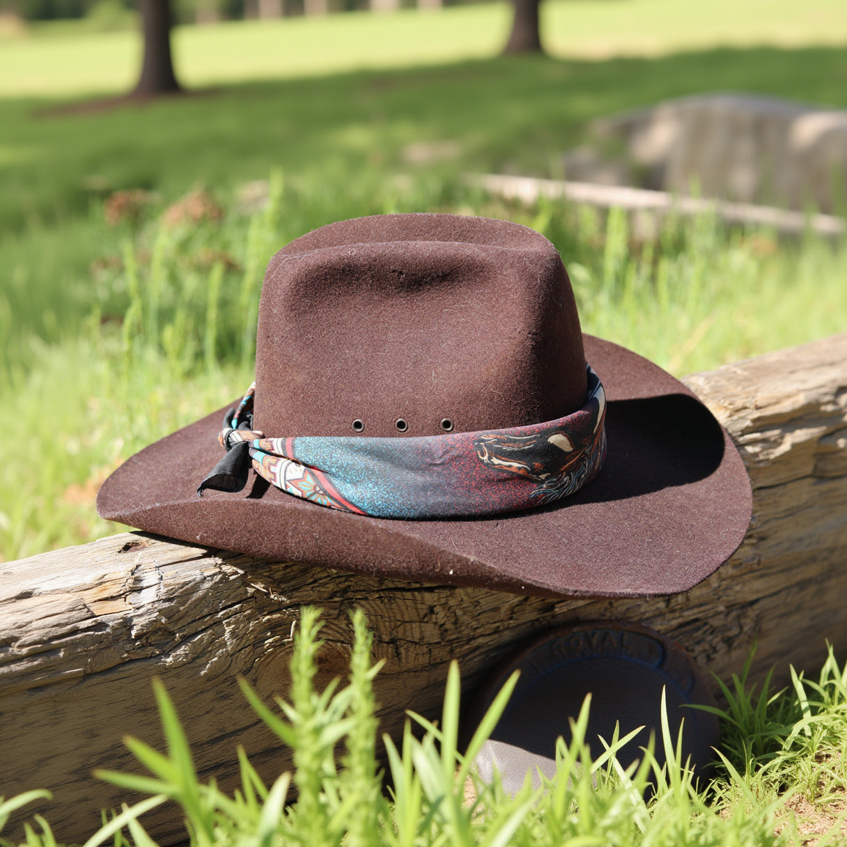 Stetson Pony Express Cowboy Hat – Brown Felt – Size 7 1/4 – Custom “Last Warrior” Bandana Hatband