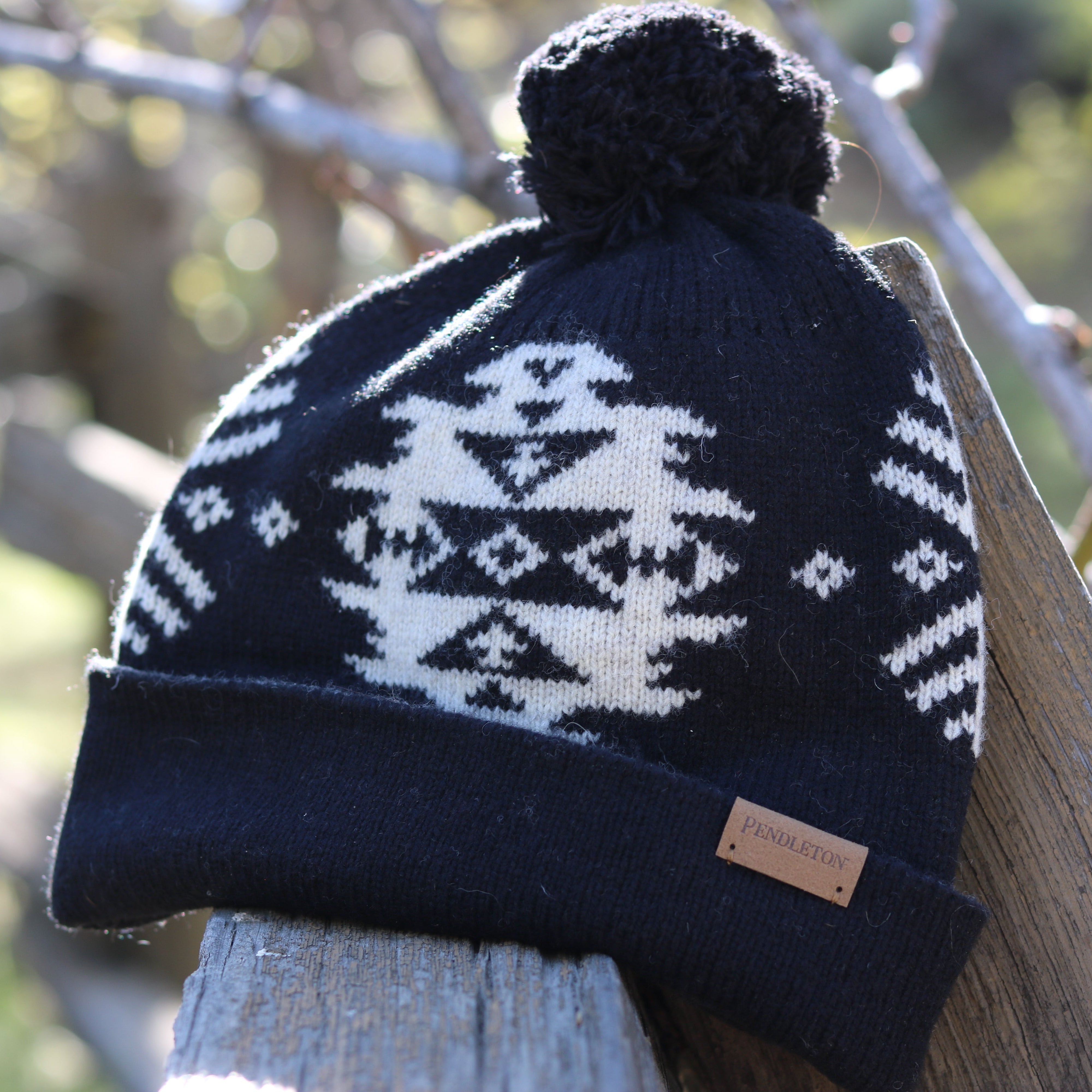 Hat with Pom Pom; Luminaria Black Aztec Design