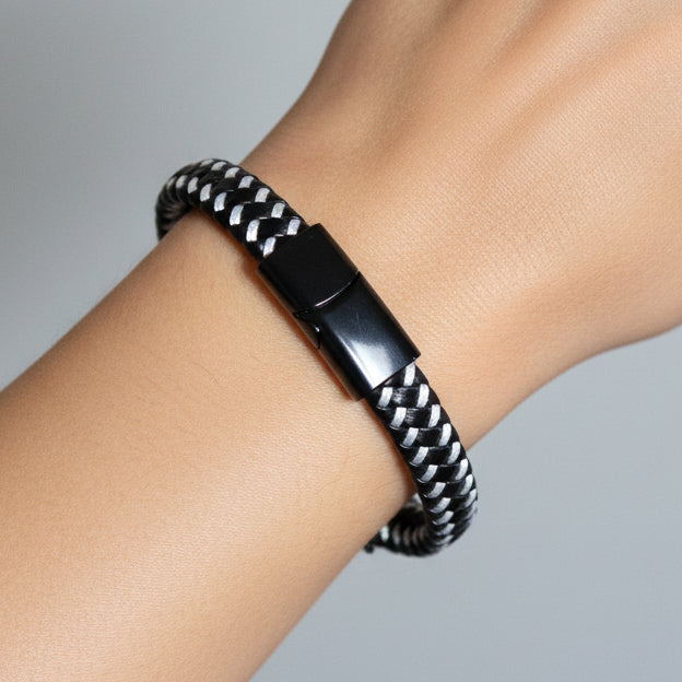 Black and White Diamond Tuck Design Bracelet with Magnetic Closure