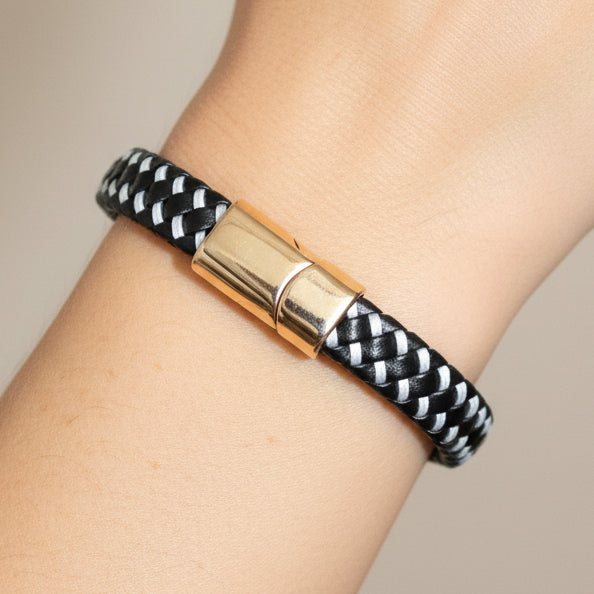 Black and White Diamond Tuck Design Bracelet with Magnetic Closure