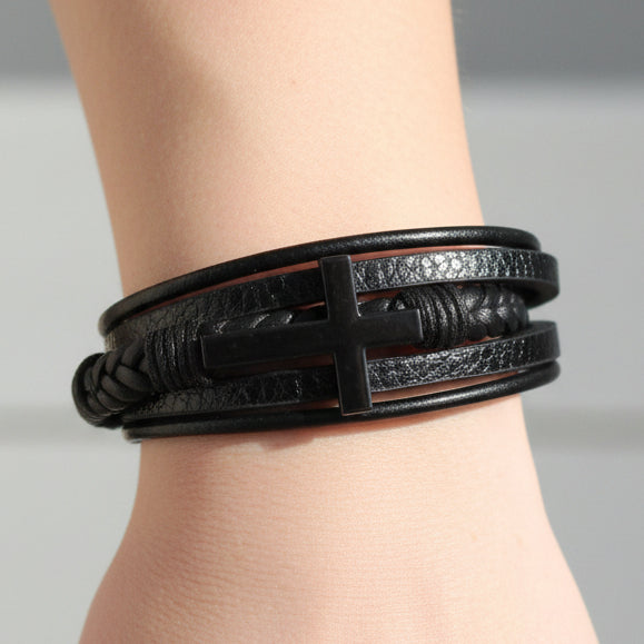 Black Leather Cross Charm Bracelet with Magnetic Closure