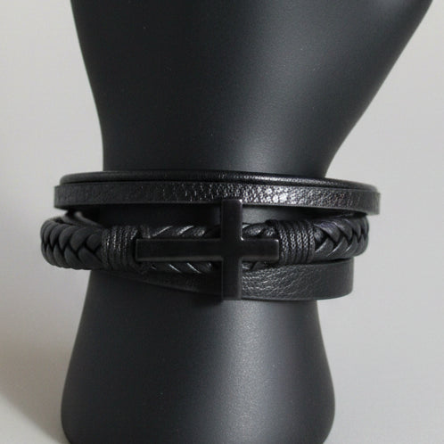 Black Leather Cross Charm Bracelet with Magnetic Closure