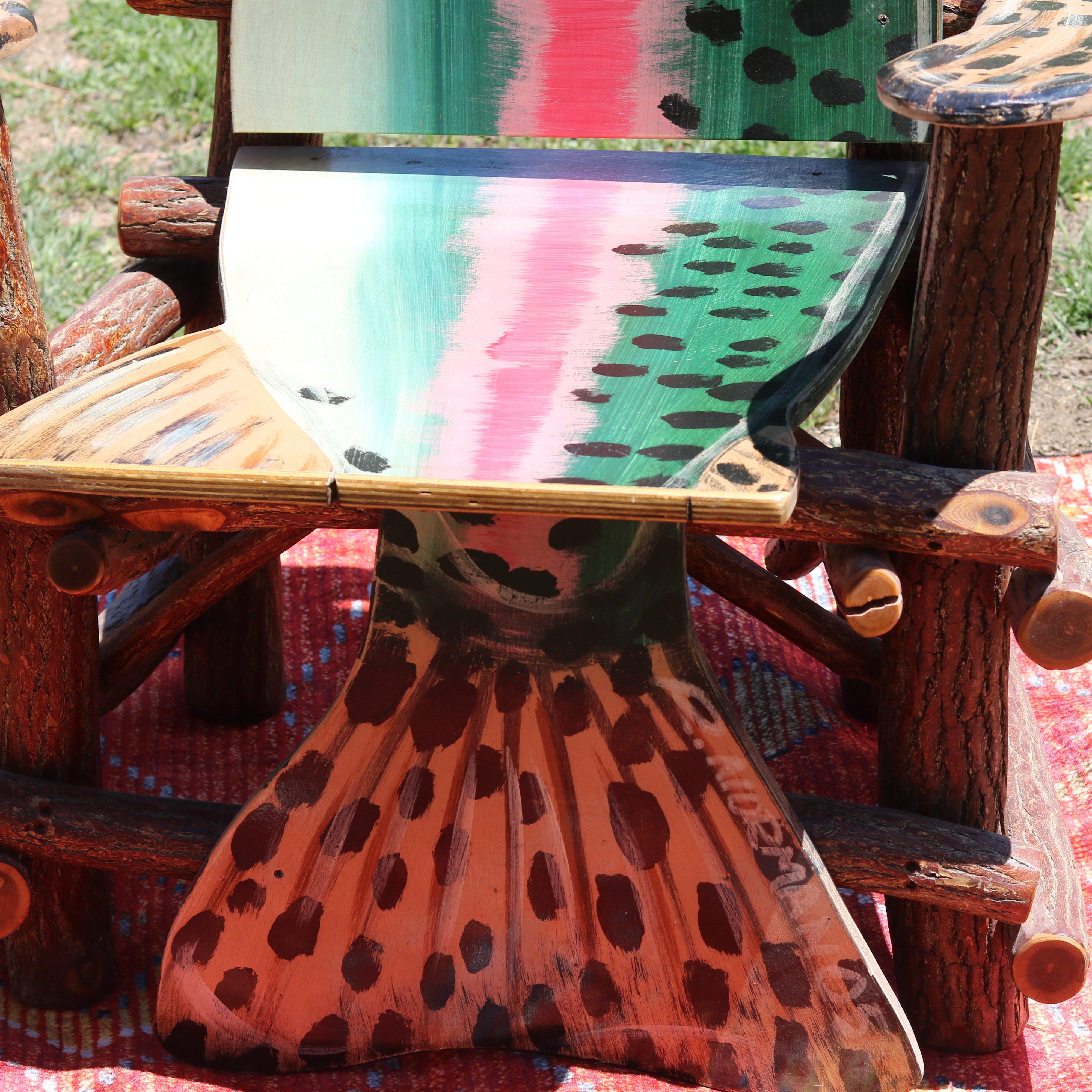 Natural Log Trout Fish Armchair Depicting a Realistic Rainbow Trout as the seat