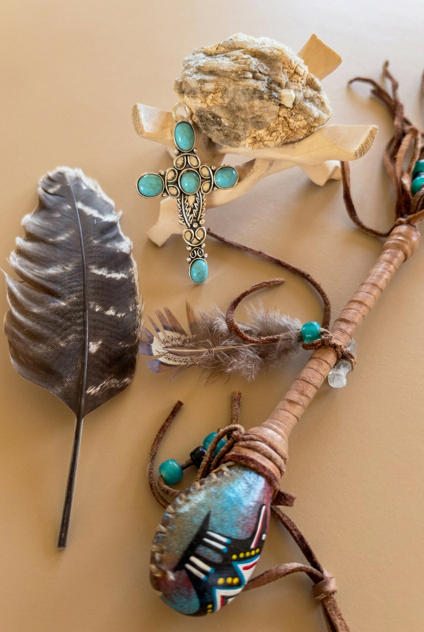 Five-Stone Turquoise Cross Necklace with Silver Scrollwork