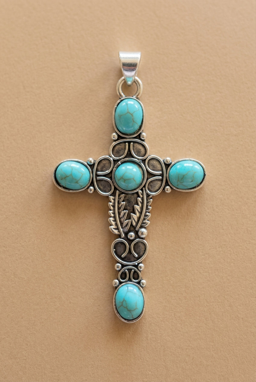 Five-Stone Turquoise Cross Necklace with Silver Scrollwork